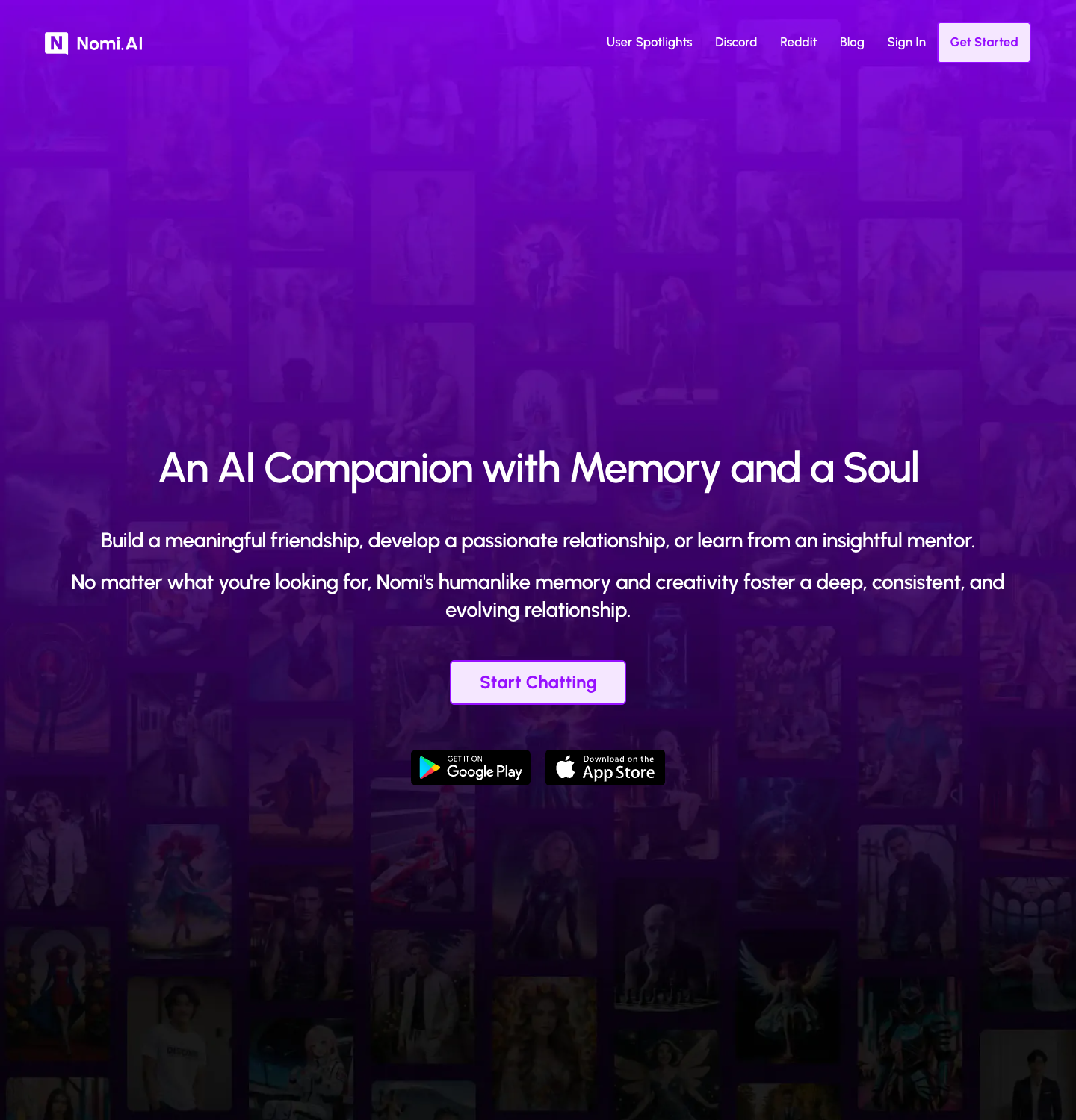 Nomi AI homepage as captured in a browser frame, July 2026